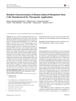 Detailed Characterization of Human Induced Pluripotent Stem Cells Manufactured for Therapeutic Applications