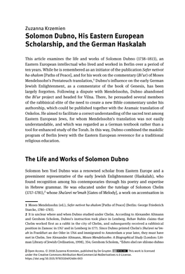 Solomon Dubno, His Eastern European Scholarship, and the German Haskalah