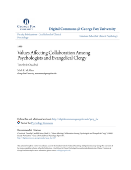 Values Affecting Collaboration Among Psychologists and Evangelical Clergy Timothy P