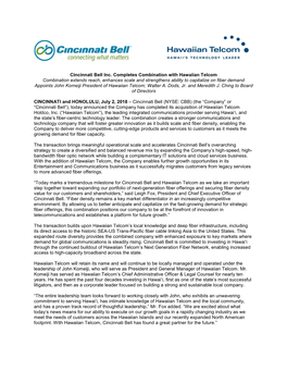 Cincinnati Bell Inc. Completes Combination with Hawaiian Telcom