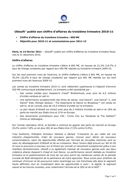 Ubisoft® Publie Son Chiffre D'affaires Du Troisième Trimestre 2010-11