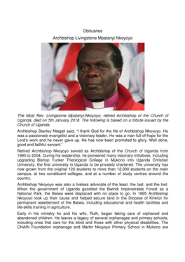 Obituaries Archbishop Livingstone Mpalanyi Nkoyoyo