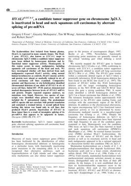 HYAL1LUCA-1, a Candidate Tumor Suppressor Gene on Chromosome 3P21.3, Is Inactivated in Head and Neck Squamous Cell Carcinomas by Aberrant Splicing of Pre-Mrna