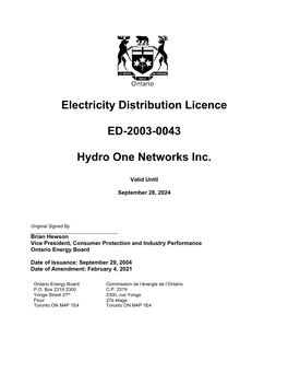 Electricity Distribution Licence ED-2003-0043 Hydro One Networks Inc