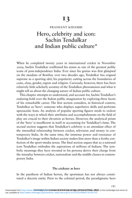 Hero, Celebrity and Icon: Sachin Tendulkar and Indian Public Culture*
