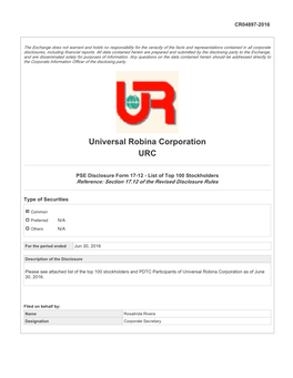 URC Top 100 Stockholders and PDTC Participants As of June 30