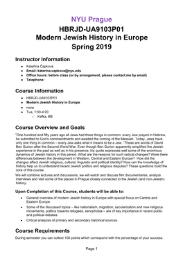 NYU Prague HBRJD-UA9103P01 Modern Jewish History in Europe Spring 2019