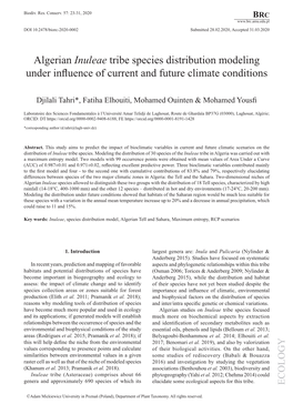 Algerian Inuleae Tribe Species Distribution Modeling Under­ Influence of Current and Future Climate Conditions