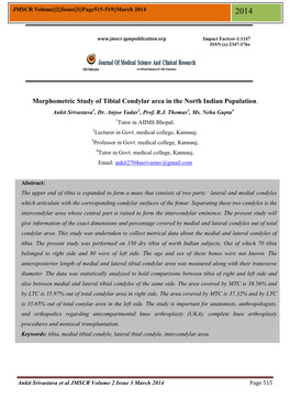 Morphometric Study of Tibial Condylar Area in the North Indian Population. Ankit Srivastava1, Dr