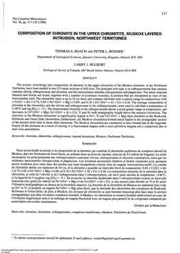 Composition of Chromite in the Upper Chromitite of the Muskox Intrusion, in the Northwest Territories, Have Been Studied in Two O.S-Meter Sections of Drill Core