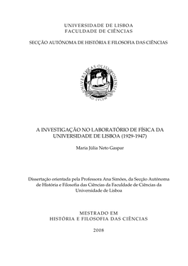 A Investigação No Laboratório De Física Da Universidade De Lisboa (1929-1947)