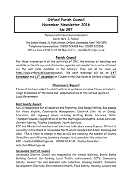 Otford Parish Council November Newsletter 2016 No 257 Twinned with Neufchatel-Hardelot Clerk: Mrs