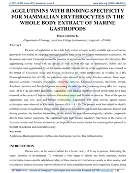 Agglutinins with Binding Specificity for Mammalian Erythrocytes in the Whole Body Extract of Marine Gastropods