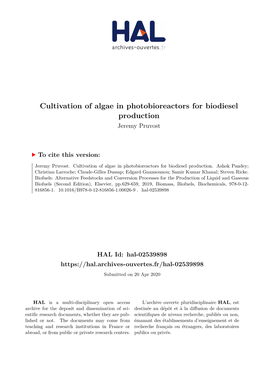 Cultivation of Algae in Photobioreactors for Biodiesel Production Jeremy Pruvost