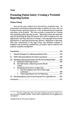 Promoting Patient Safety: Creating a Workable Reporting System T Melissa Chiang