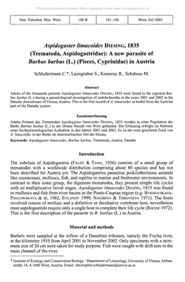 Aspidogaster Limacoides DIESING, 1835 (Trematoda, Aspidogastridae): a New Parasite of Barbus Barbus (L.) (Pisces, Cyprinidae) in Austria