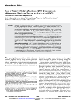 Loss of Protein Inhibitors of Activated STAT-3 Expression in Glioblastoma Multiformetumors: Implications for STAT-3 Activation and Gene Expression Emily C