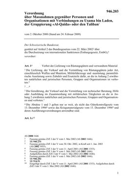 Verordnung Über Massnahmen Gegenüber Personen Und Organisationen Mit Verbindungen Zu Usama Bin Laden, Der Gruppierung «Al-Qaïda» Oder Den Taliban1 Vom 2