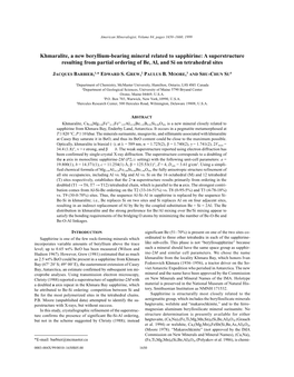 Khmaralite, a New Beryllium-Bearing Mineral Related to Sapphirine: a Superstructure Resulting from Partial Ordering of Be, Al, and Si on Tetrahedral Sites