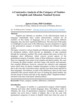 A Contrastive Analysis of the Category of Number in English and Albanian Nominal System