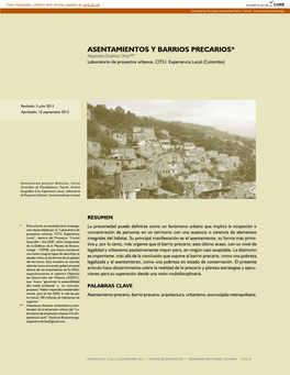 ASENTAMIENTOS Y BARRIOS PRECARIOS* Alejandro Ordóñez Ortiz** Laboratorio De Proyectos Urbanos