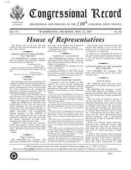 Congressional Record United States Th of America PROCEEDINGS and DEBATES of the 110 CONGRESS, FIRST SESSION