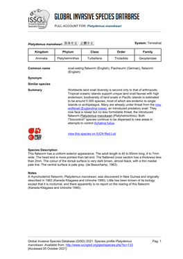 Platydemus Manokwari Global Invasive Species Database (GISD)