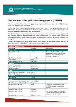 Western Australia's Principal Mining Projects (2017-18)