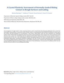 A Crystal Plasticity Assessment of Normally-Loaded Sliding Contact in Rough Surfaces and Galling