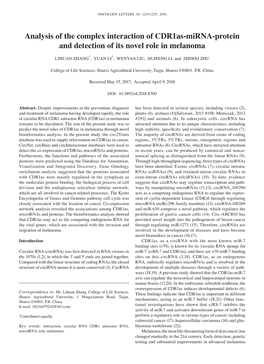 Analysis of the Complex Interaction of Cdr1as‑Mirna‑Protein and Detection of Its Novel Role in Melanoma