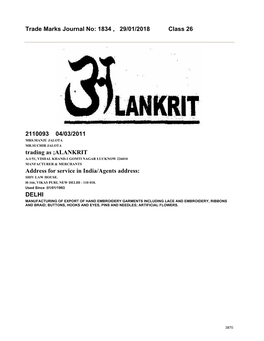 Trade Marks Journal No: 1834 , 29/01/2018 Class 26