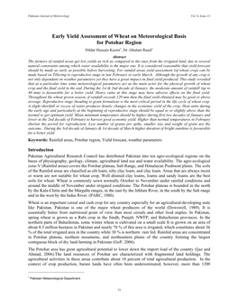 Early Yield Assessment of Wheat on Meteorological Basis for Potohar Region Dildar Hussain Kazmi1, Dr