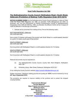 Nottingham Road / South Street, Giltbrook) (Prohibition of Waiting) Traffic Regulation Order 2019 (5274)