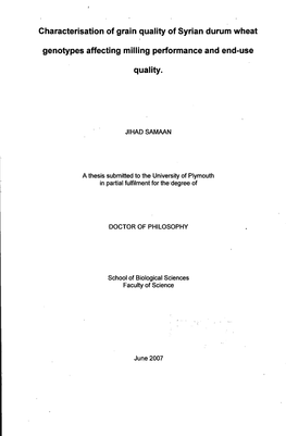 Characterisation of Grain Quality of Syrian Durum Wheat Genotypes Affecting Milling Performance and End-Use Quality