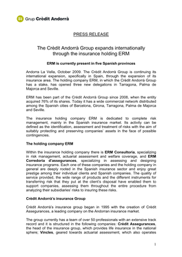 The Crèdit Andorrà Group Expands Internationally Through the Insurance Holding ERM