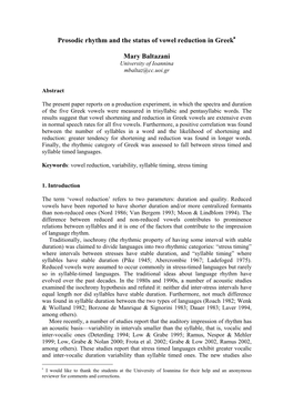 Prosodic Rhythm and the Status of Vowel Reduction in Greek∗