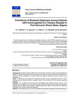 Prevalence of Bacterial Vaginosis Among Patients with Vulvovaginitis in a Tertiary Hospital in Port Harcourt, Rivers State, Nigeria