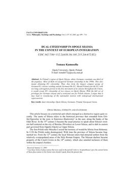 Dual Citizenship in Opole Silesia in the Context of European Integration 701