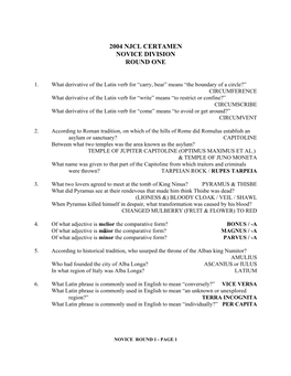 2004 Njcl Certamen Novice Division Round One