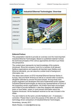 Industrial Ethernet Technologies Page 1 © Ethercat Technology Group, January 2011