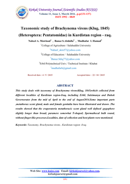 Taxonomic Study of Brachynema Virens (Klug, 1845) (Heteroptera: Pentatomidae) in Kurdistan Region - Raq