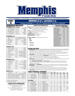 SCHEDULE/RESULTS MEMPHIS (6-2) Vs SOUTHERN (7-2)
