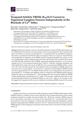 Verapamil Inhibits TRESK (K2P18.1) Current in Trigeminal Ganglion Neurons Independently of the Blockade of Ca2+ Inﬂux