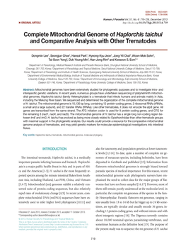 Complete Mitochondrial Genome of Haplorchis Taichui and Comparative Analysis with Other Trematodes