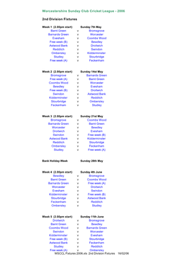 Worcestershire Sunday Club Cricket League - 2006