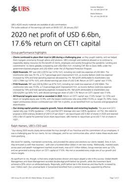 2020 Net Profit of USD 6.6Bn, 17.6% Return on CET1 Capital
