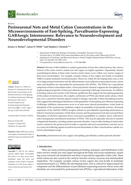 Perineuronal Nets and Metal Cation Concentrations in The