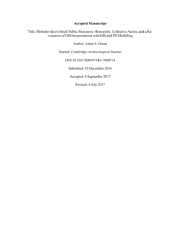 Mohenjo-Daro's Small Public Structures: Heterarchy, Collective Action, and a Re- Visitation of Old Interpretations with GIS and 3D Modelling