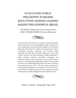 Evaluating Public Philosophy in Higher Education: Lessons Learned Baking Philosophical Bread