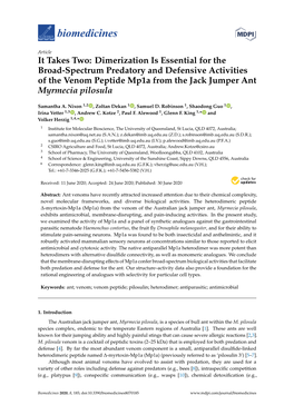 It Takes Two: Dimerization Is Essential for the Broad-Spectrum Predatory and Defensive Activities of the Venom Peptide Mp1a from the Jack Jumper Ant Myrmecia Pilosula